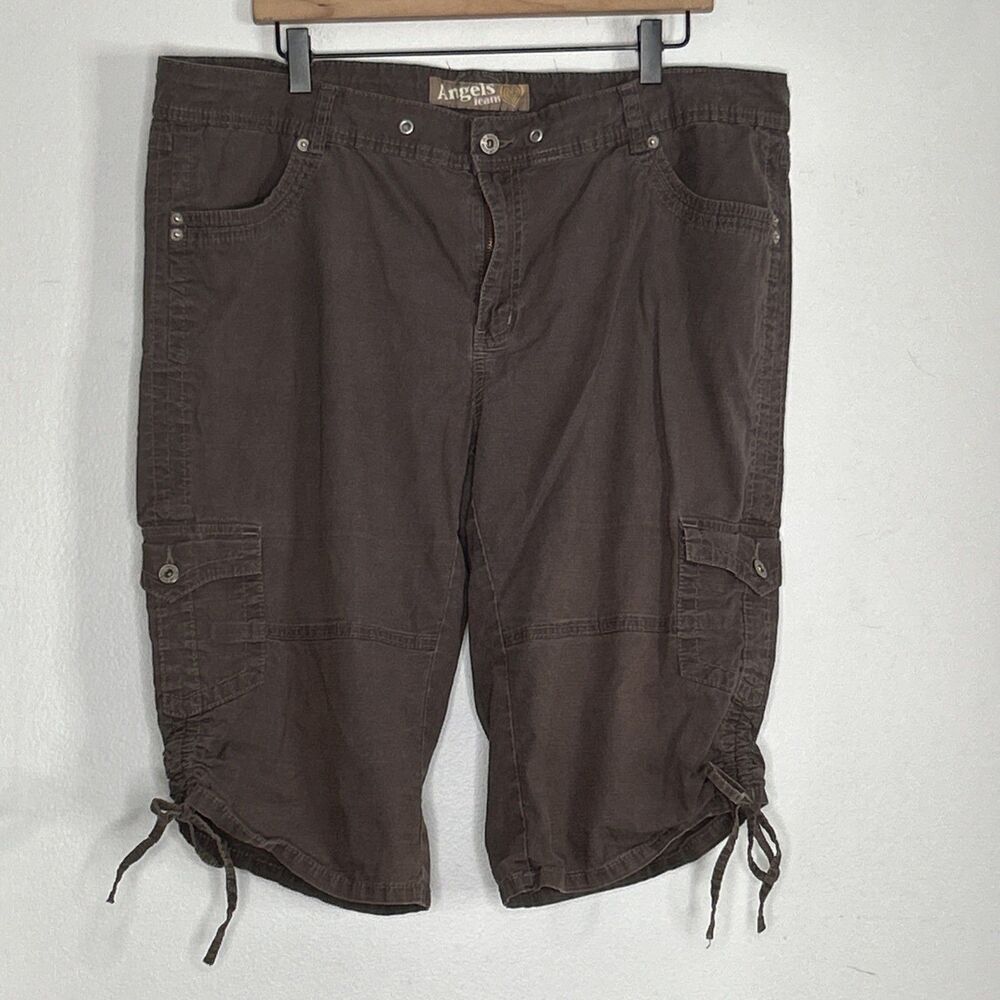 Angels Jeans Cargo Knee Shorts Jorts Women’s Sz 18 Y2K Brown Ruched *No Belt Tie